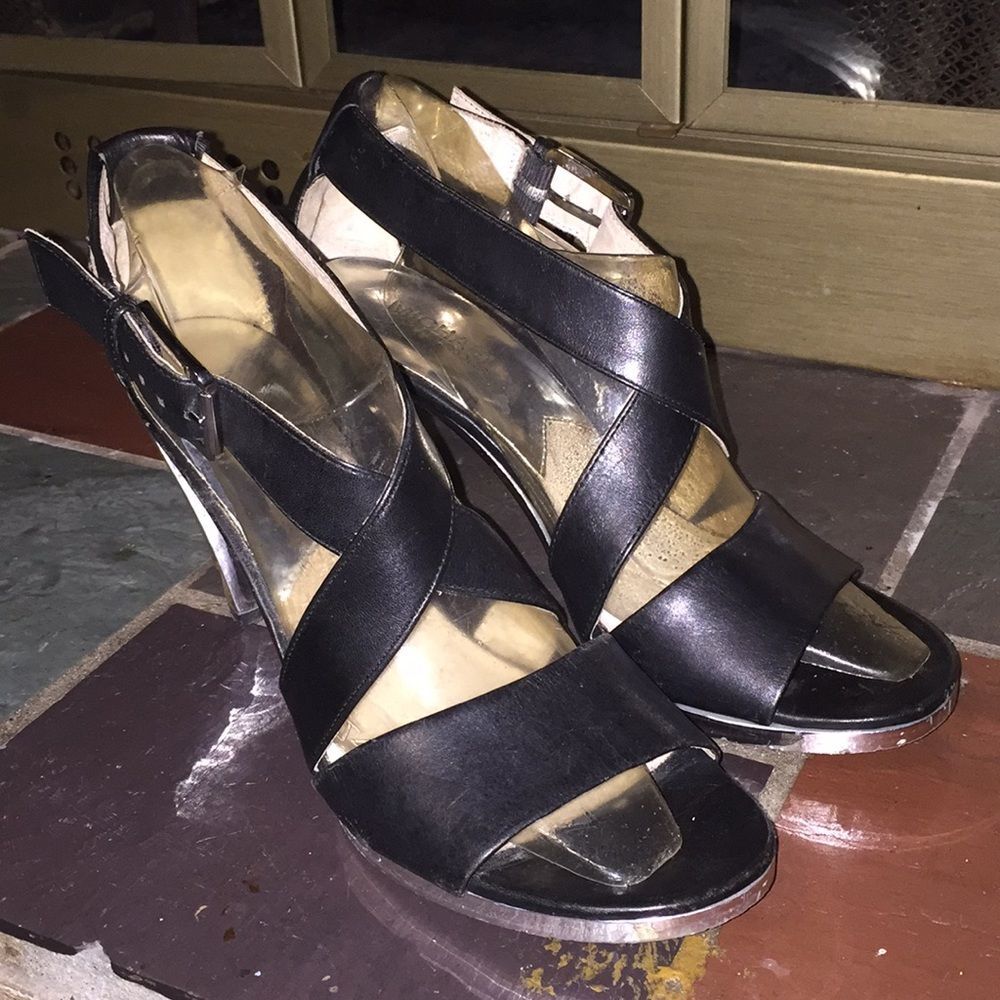 MICHAEL Michael Kors Platform Sandal Leather Heels Size 9.5 Black/Silver